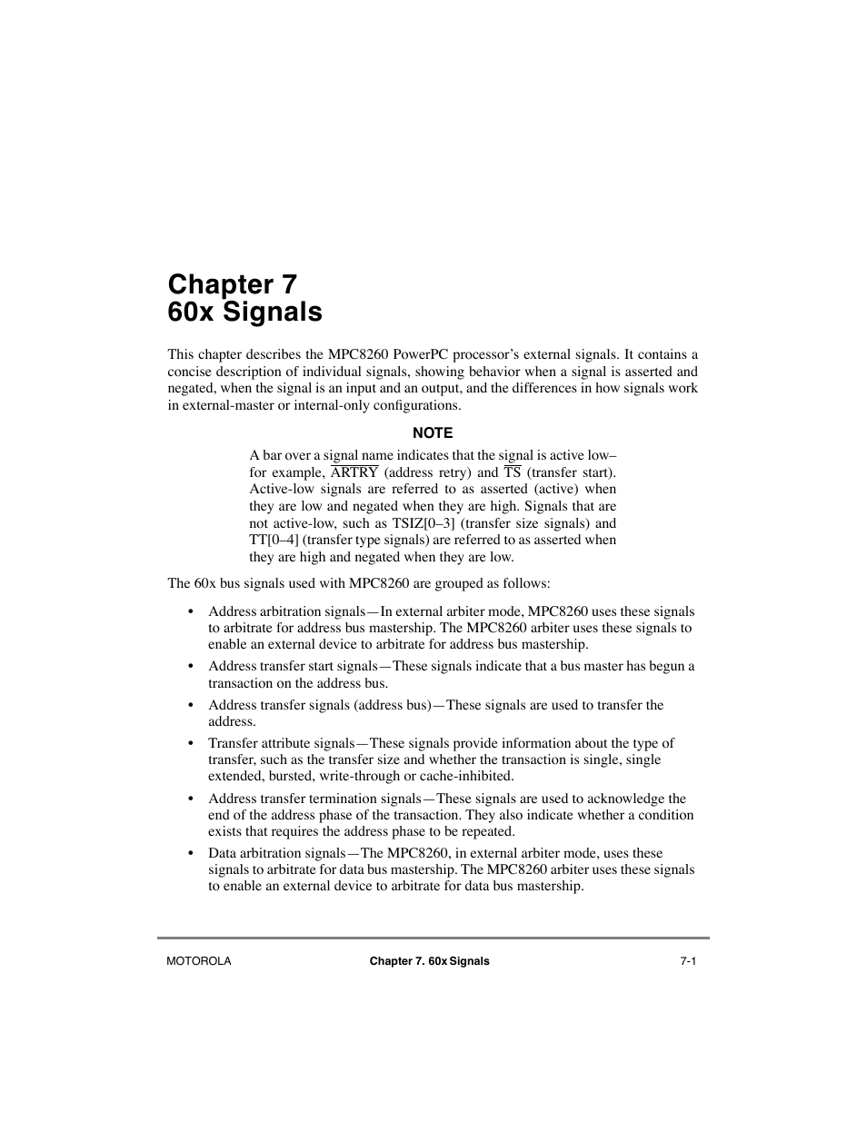 Chapter7 60x signals, Chapter 7, 60x signals | Chapter 7, ò60x signals, Chapter 7 60x signals | Motorola MPC8260 User Manual | Page 215 / 1006