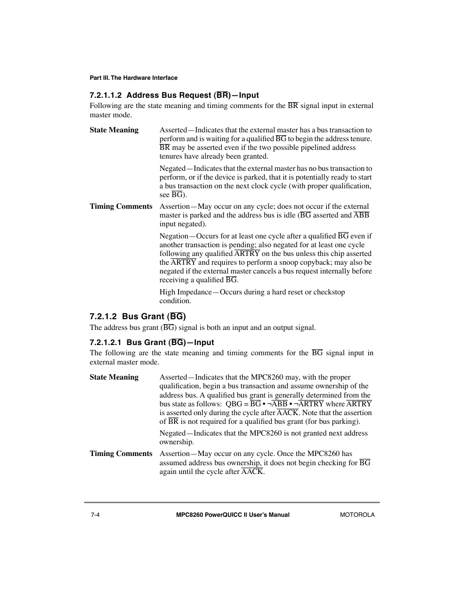 2 address bus request (br)—input, 2 bus grant (bg), 1 bus grant (bg)—input | Address bus request (br)ñinput -4, Bus grant (bg) -4, Bus grant (bg)ñinput -4 | Motorola MPC8260 User Manual | Page 218 / 1006