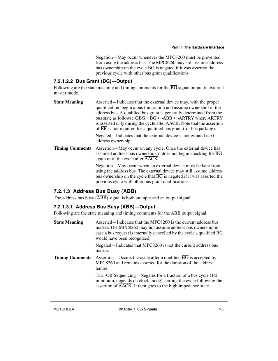 2 bus grant (bg)—output, 3 address bus busy (abb), 1 address bus busy (abb)—output | Bus grant (bg)ñoutput -5, Address bus busy (abb) -5, Address bus busy (abb)ñoutput -5 | Motorola MPC8260 User Manual | Page 219 / 1006