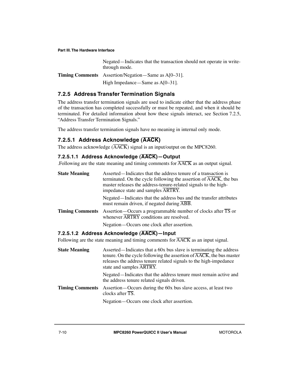 5 address transfer termination signals, 1 address acknowledge (aack), 1 address acknowledge (aack)—output | 2 address acknowledge (aack)—input | Motorola MPC8260 User Manual | Page 224 / 1006