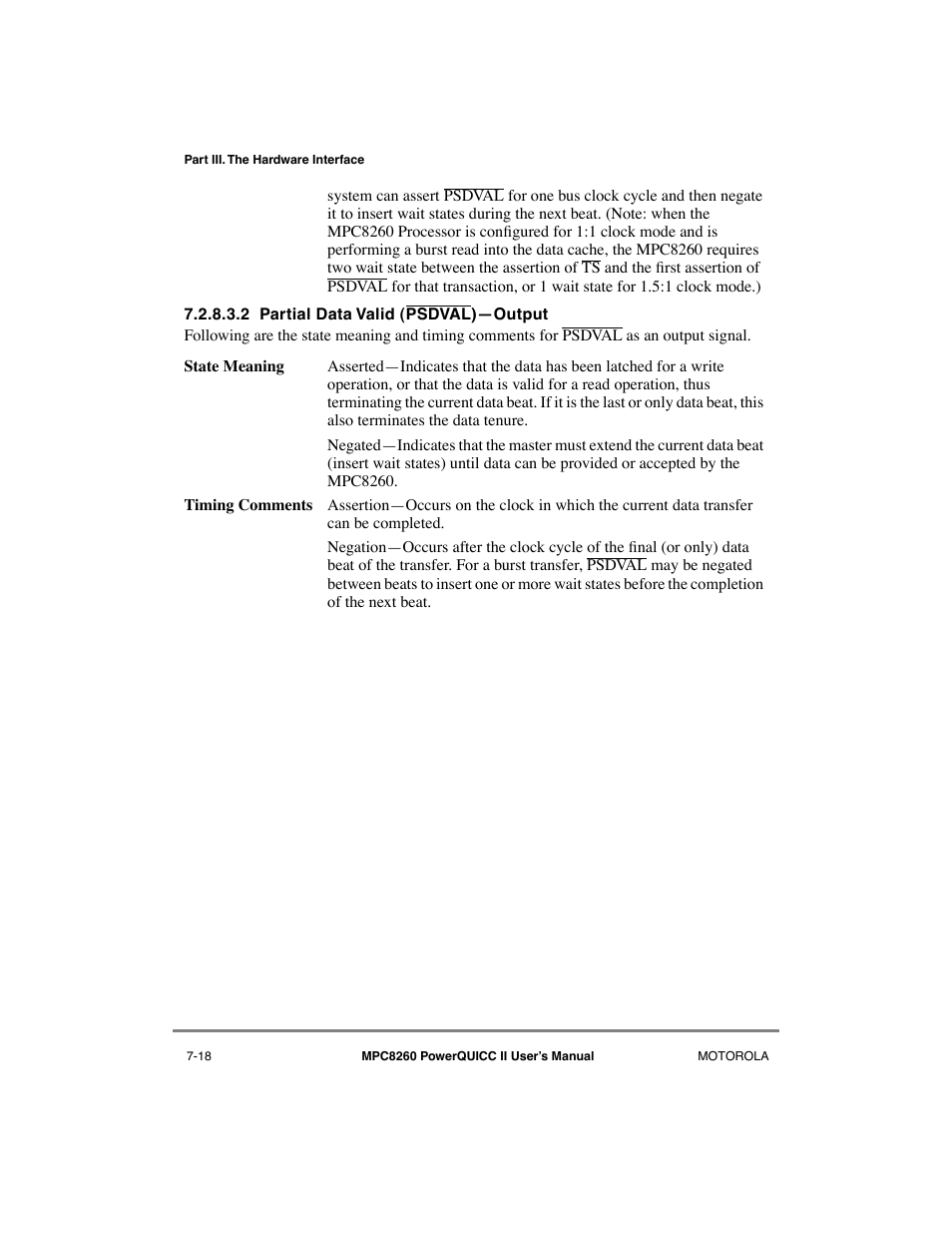 2 partial data valid (psdval)—output, Partial data valid (psdval)ñoutput -18 | Motorola MPC8260 User Manual | Page 232 / 1006