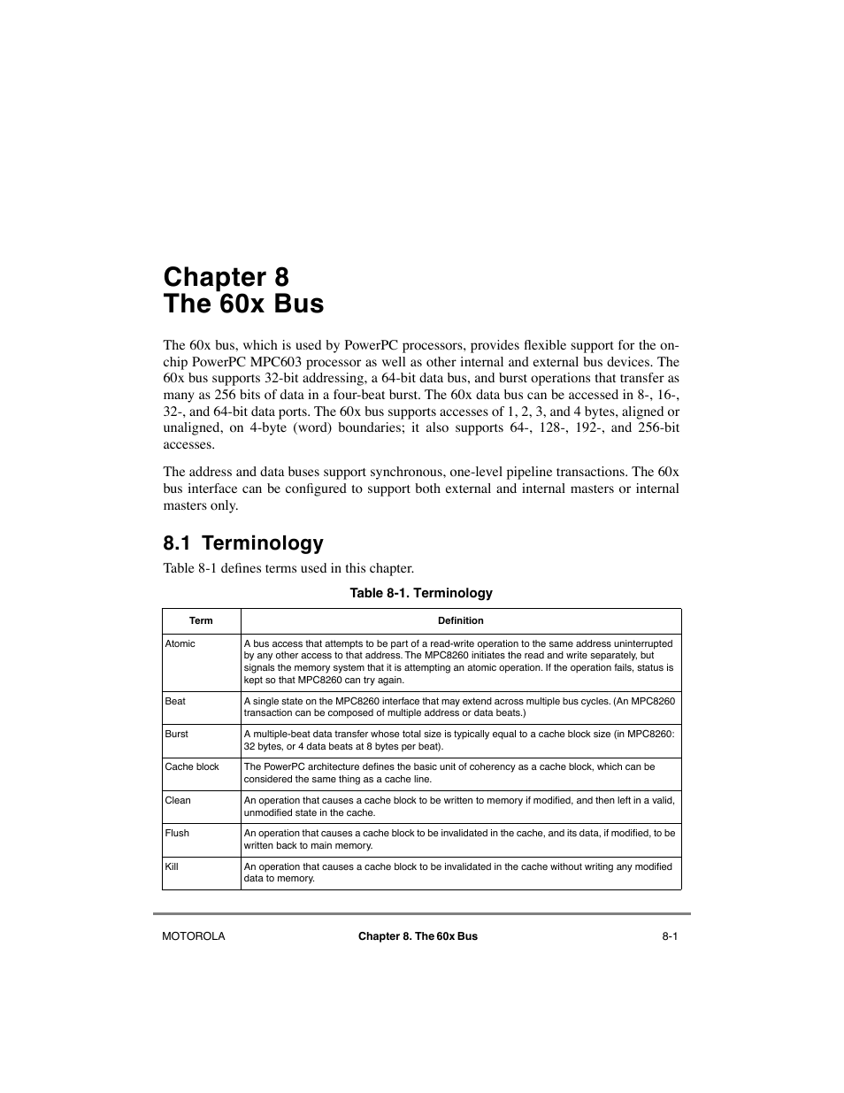 Chapter8 the 60x bus, 1 terminology, Chapter 8 | The 60x bus, Terminology -1, Chapter 8, òthe 60x bus, Us mastership. chapter 8, òthe 60x bus, Chapter 8 the 60x bus, Table 8-1 deþnes terms used in this chapter | Motorola MPC8260 User Manual | Page 233 / 1006