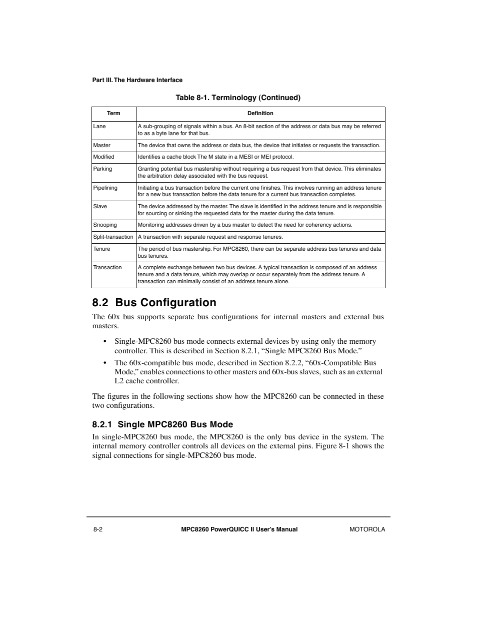 2 bus configuration, 1 single mpc8260 bus mode, Bus configuration -2 | Single mpc8260 bus mode -2, Er to section 8.2, òbus conþguration, 2 bus conþguration | Motorola MPC8260 User Manual | Page 234 / 1006