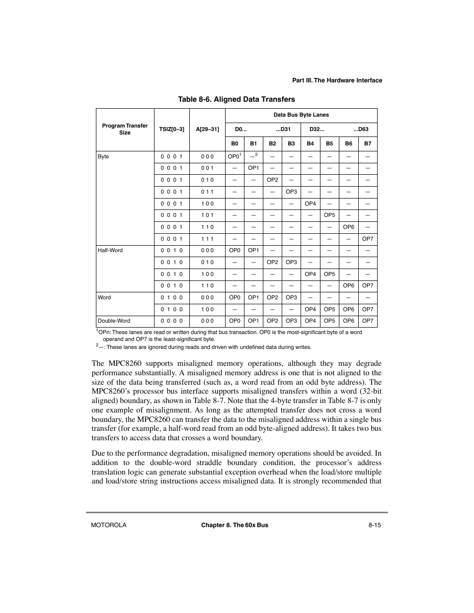 Aligned data transfers -15, Xample, table 8-6 sho | Motorola MPC8260 User Manual | Page 247 / 1006