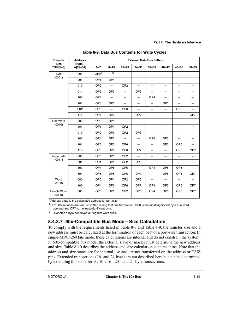 7 60x-compatible bus mode—size calculation, 60x-compatible bus modeñsize calculation -19, Data bus contents for write cycles -19 | Able 8-9, op0 is the most-signiþcant byte of a w, 7 60x-compatible bus modeñsize calculation | Motorola MPC8260 User Manual | Page 251 / 1006