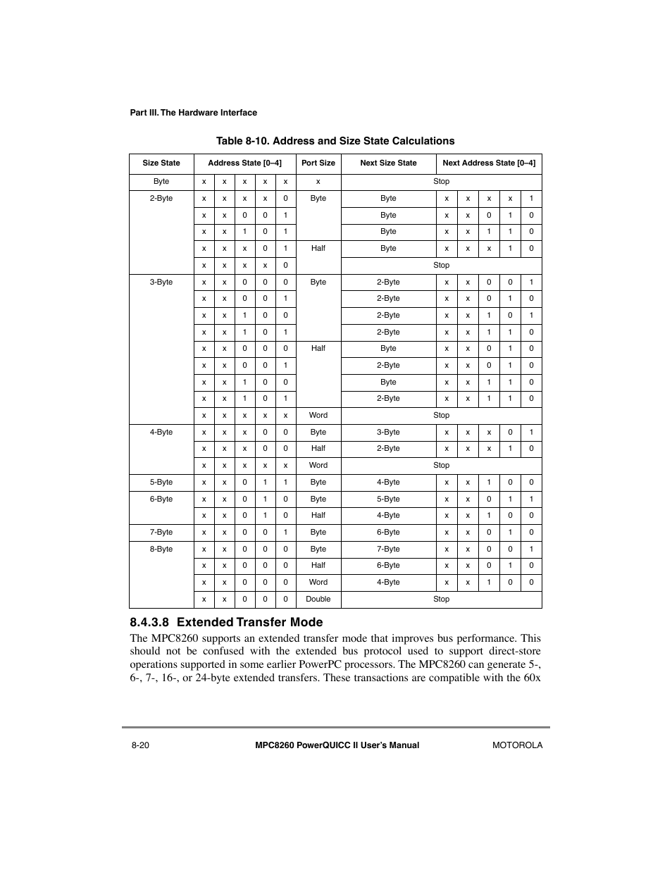 8 extended transfer mode, Extended transfer mode -20, Address and size state calculations -20 | See section 8.4.3.8, òextended transfer mode | Motorola MPC8260 User Manual | Page 252 / 1006
