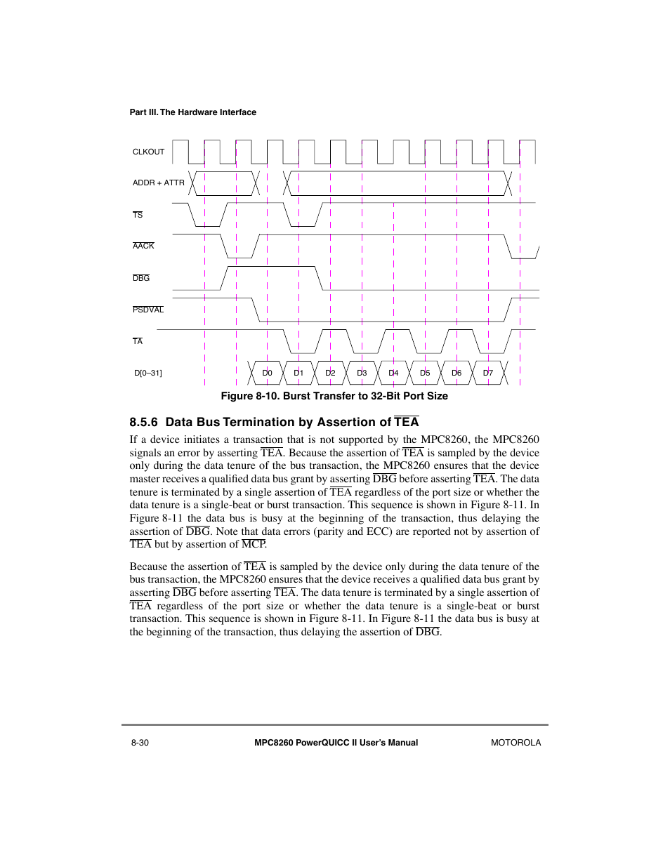 6 data bus termination by assertion of tea, Data bus termination by assertion of tea -30, Burst transfer to 32-bit port size -30 | Motorola MPC8260 User Manual | Page 262 / 1006