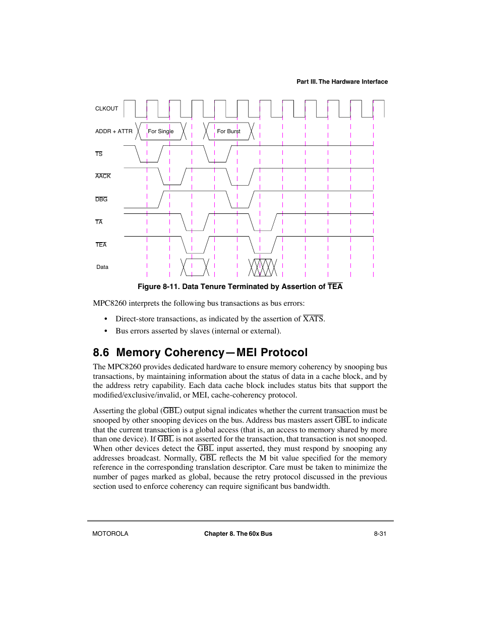 6 memory coherency—mei protocol, Memory coherencyñmei protocol -31, Data tenure terminated by assertion of tea -31 | Motorola MPC8260 User Manual | Page 263 / 1006