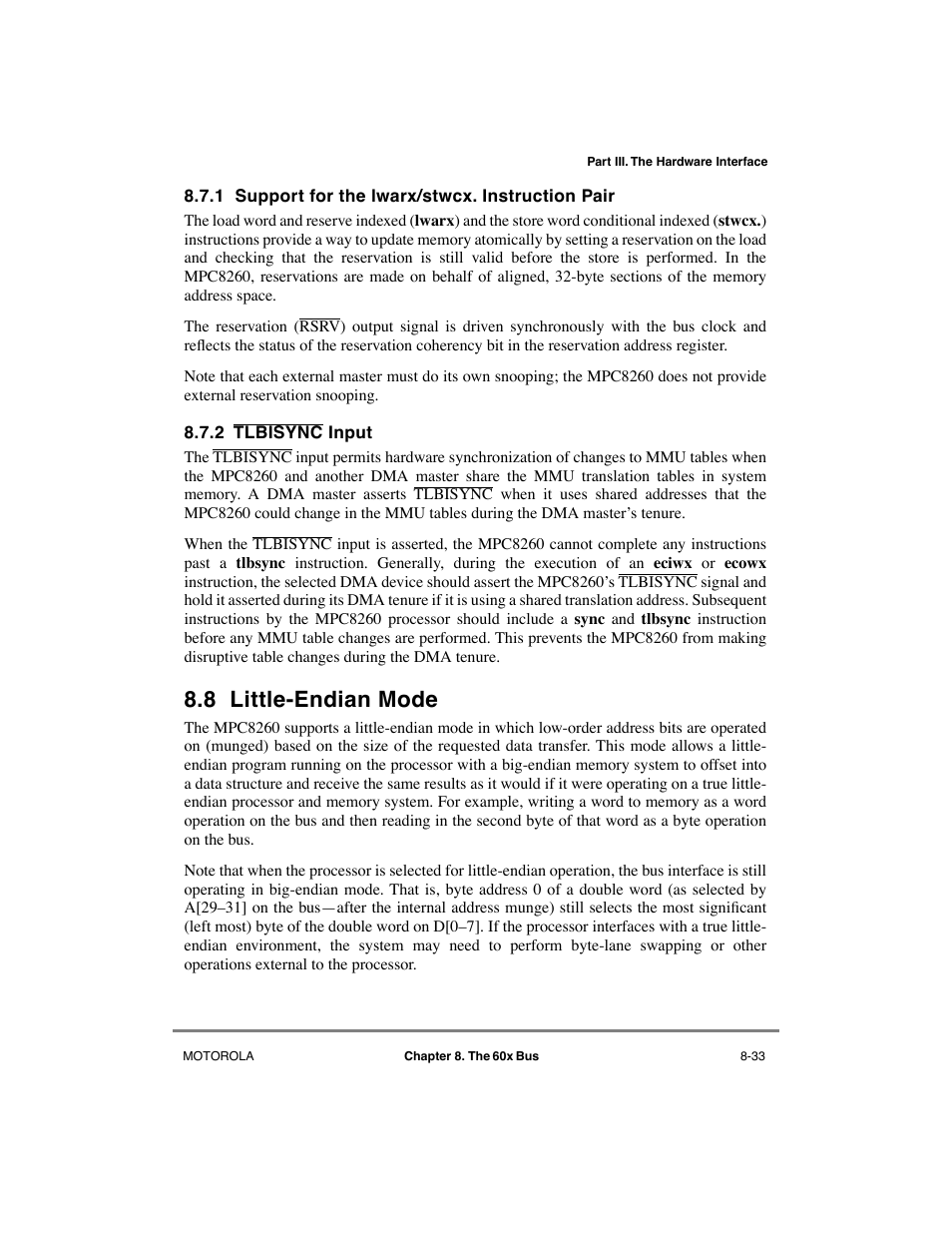 1 support for the lwarx/stwcx. instruction pair, 2 tlbisync input, 8 little-endian mode | Support for the lwarx/stwcx. instruction pair -33, Tlbisync input -33, Little-endian mode -33 | Motorola MPC8260 User Manual | Page 265 / 1006