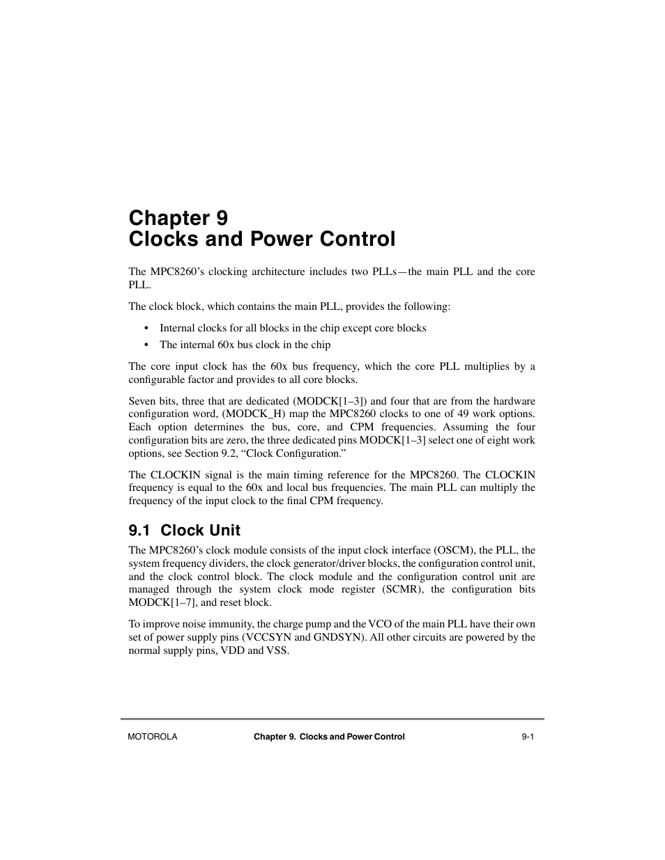 Chapter9 clocks and power control, 1 clock unit, Chapter 9 | Clocks and power control, Clock unit -1, Chapter 9, òclocks and power control, Chapter 9 clocks and power control | Motorola MPC8260 User Manual | Page 267 / 1006
