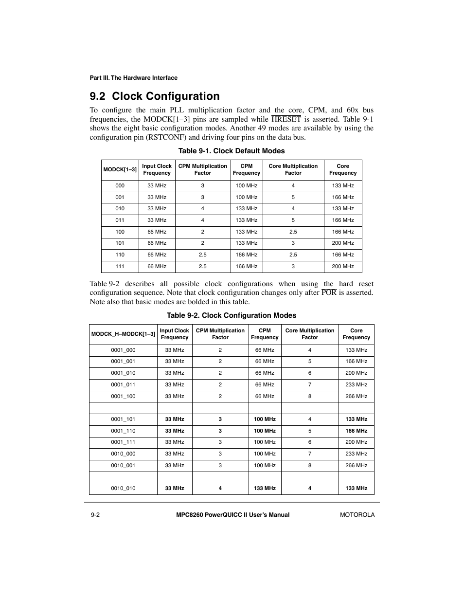 2 clock configuration, Clock configuration -2, Clock default modes -2 | Clock configuration modes -2, 2 clock conþguration | Motorola MPC8260 User Manual | Page 268 / 1006