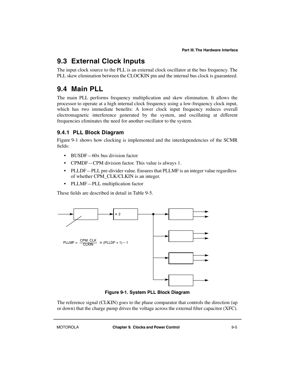 3 external clock inputs, 4 main pll, 1 pll block diagram | External clock inputs -5, Main pll -5, Pll block diagram -5, System pll block diagram -5 | Motorola MPC8260 User Manual | Page 271 / 1006
