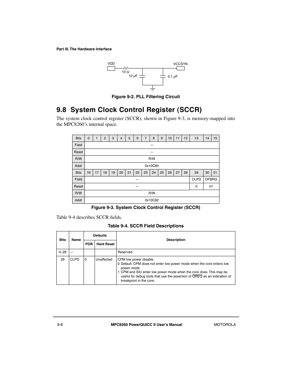 8 system clock control register (sccr), System clock control register (sccr) -8, Pll filtering circuit -8 | Sccr field descriptions -8, Figure 9-2 sho | Motorola MPC8260 User Manual | Page 274 / 1006