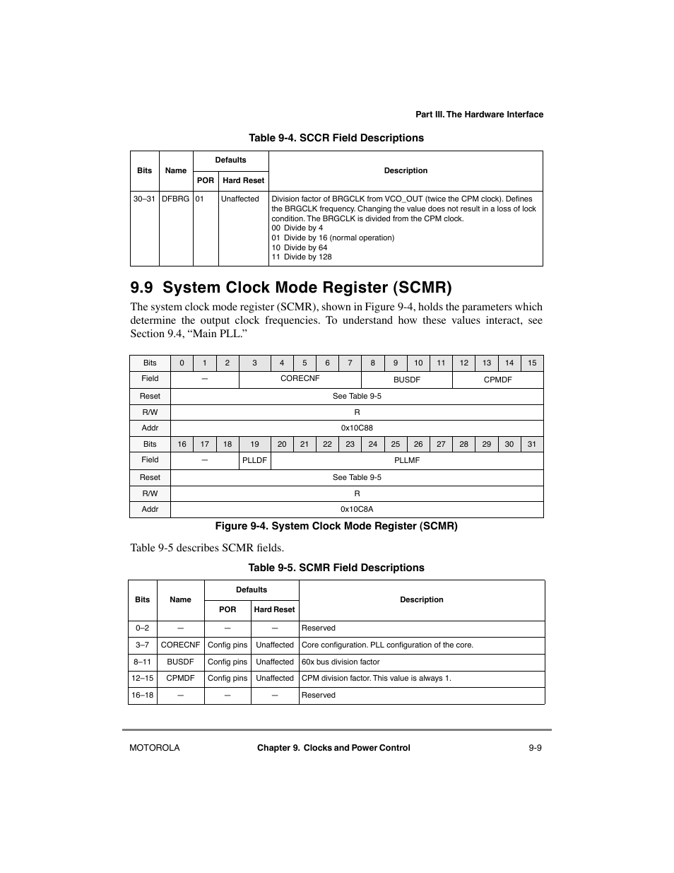 9 system clock mode register (scmr), System clock mode register (scmr) -9, Scmr field descriptions -9 | Motorola MPC8260 User Manual | Page 275 / 1006