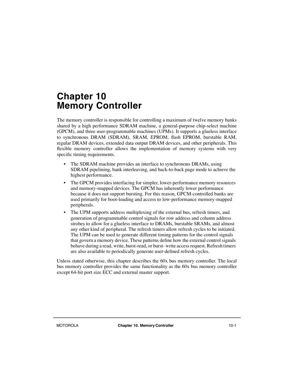 Chapter10 memory controller, Chapter 10, Memory controller | Chapter 10, òmemory controller | Motorola MPC8260 User Manual | Page 277 / 1006