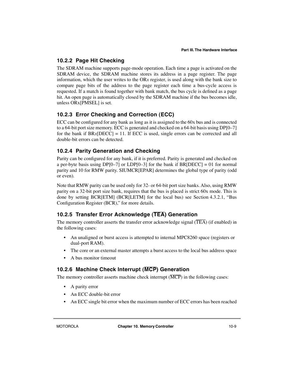 3 error checking and correction (ecc), 4 parity generation and checking, 5 transfer error acknowledge (tea) generation | 6 machine check interrupt (mcp) generation, Error checking and correction (ecc) -9, Parity generation and checking -9, Transfer error acknowledge (tea) generation -9, Machine check interrupt (mcp) generation -9 | Motorola MPC8260 User Manual | Page 285 / 1006