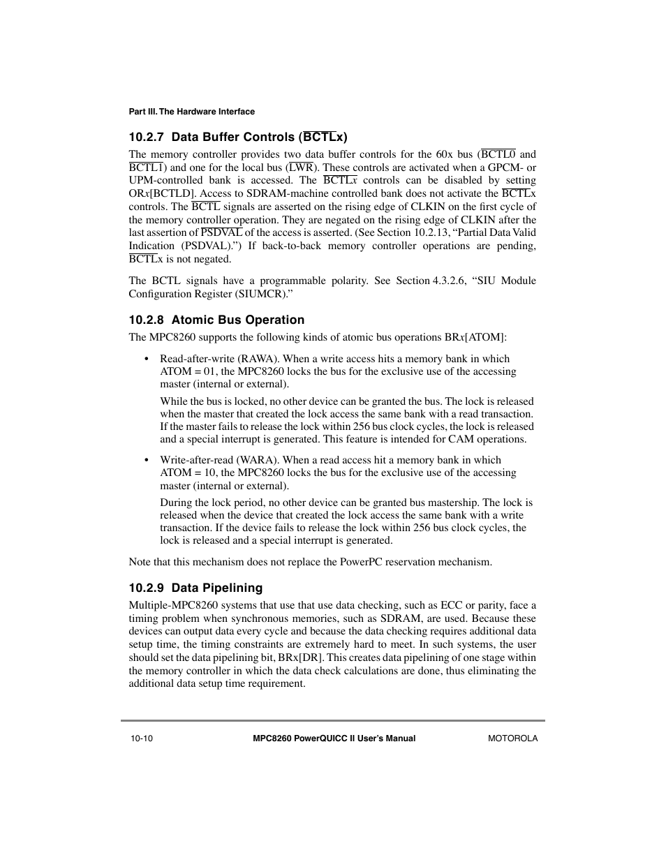 7 data buffer controls (bctlx), 8 atomic bus operation, 9 data pipelining | Data buffer controls (bctlx) -10, Atomic bus operation -10, Data pipelining -10 | Motorola MPC8260 User Manual | Page 286 / 1006