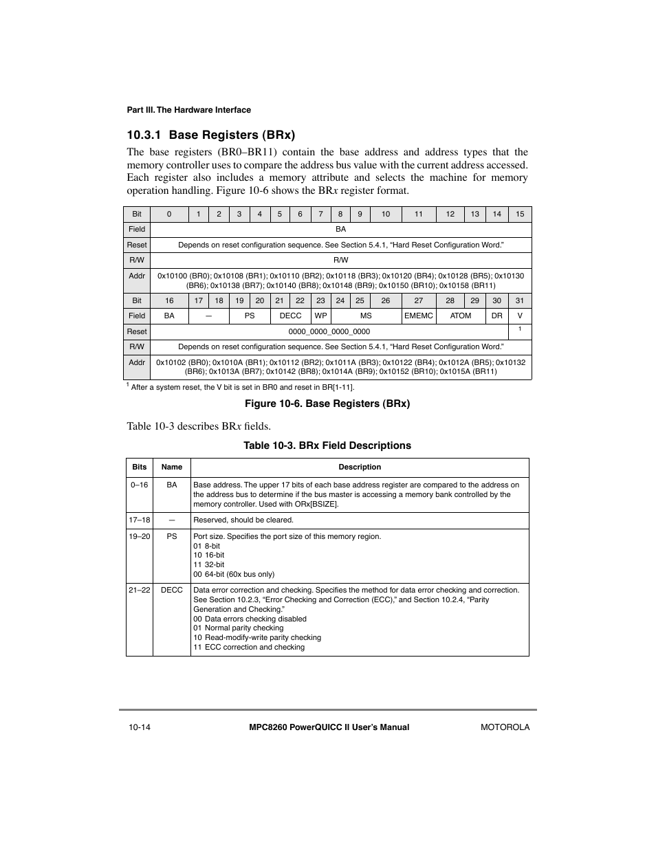 1 base registers (brx), Base registers (br, Brx field descriptions -14 | See section 10.3.1, òbase registers (brx), Section 10.3.1, 1 base registers (br x ) | Motorola MPC8260 User Manual | Page 290 / 1006