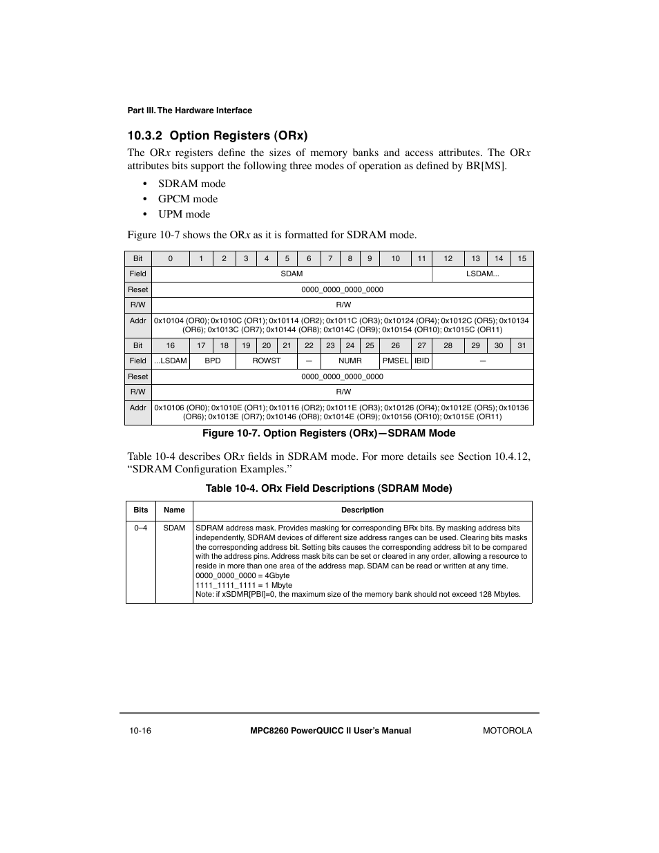 2 option registers (orx), Option registers (orx) -16, Option registers (or | Orx field descriptions (sdram mode) -16, Section 10.3.2, 2 option registers (or x ) | Motorola MPC8260 User Manual | Page 292 / 1006