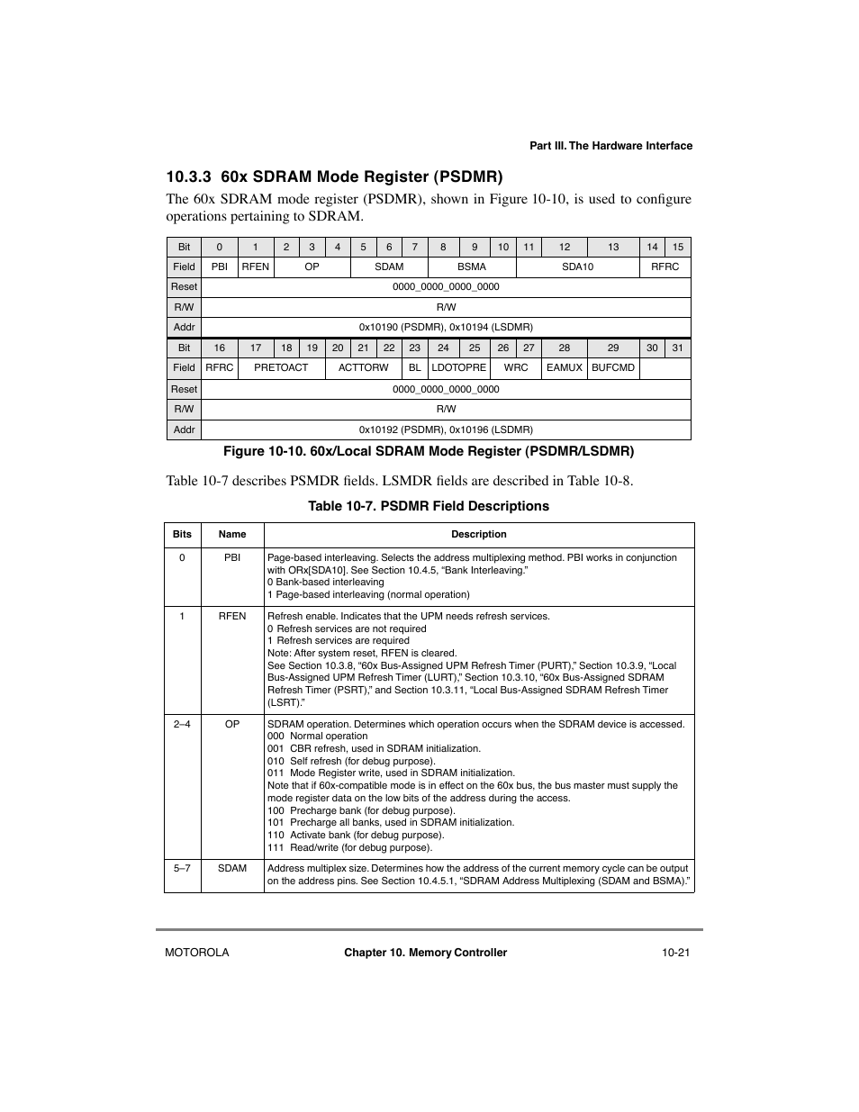 3 60x sdram mode register (psdmr), 60x sdram mode register (psdmr) -21, 60x/local sdram mode register (psdmr/lsdmr) -21 | Psdmr field descriptions -21, Section 10.3.3 | Motorola MPC8260 User Manual | Page 297 / 1006