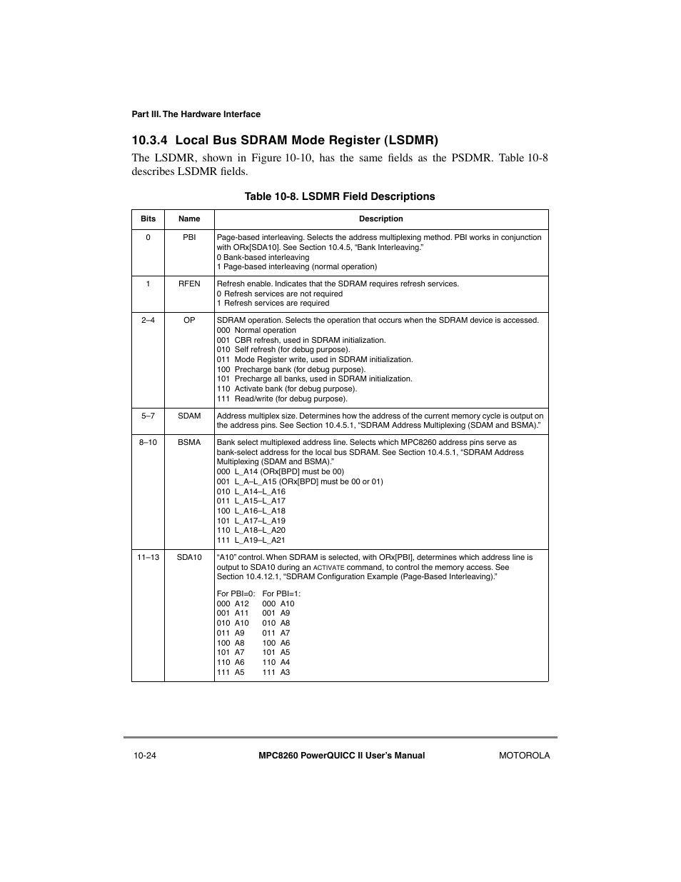 4 local bus sdram mode register (lsdmr), Local bus sdram mode register (lsdmr) -24, Lsdmr field descriptions -24 | Section 10.3.4, Able 10-8 | Motorola MPC8260 User Manual | Page 300 / 1006