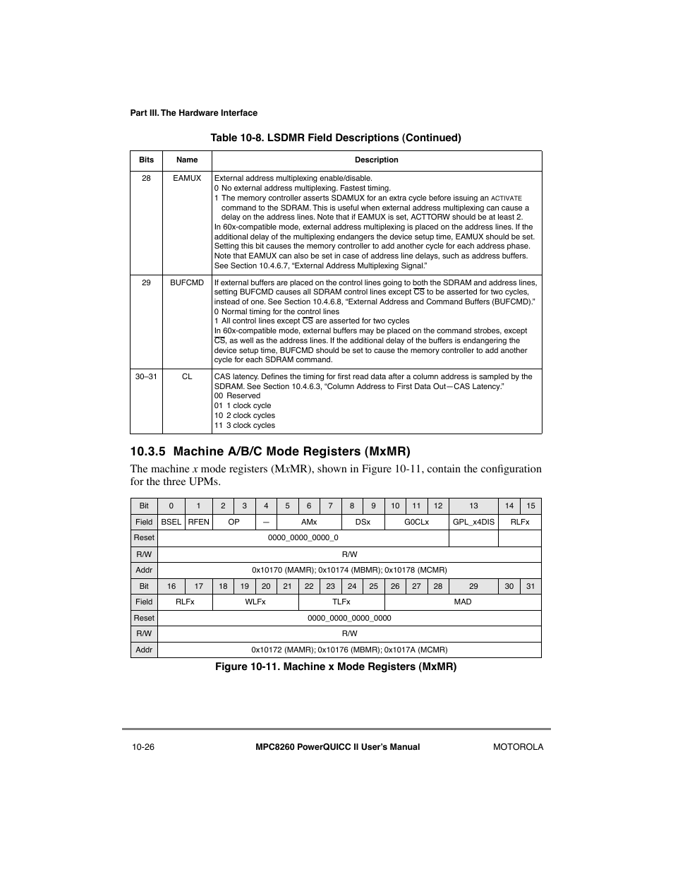 5 machine a/b/c mode registers (mxmr), Machine a/b/c mode registers (mxmr) -26, Machine x mode registers (mxmr) -26 | Section 10.3.5, 5 machine a/b/c mode registers (m x mr) | Motorola MPC8260 User Manual | Page 302 / 1006