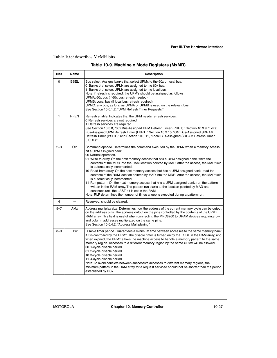 Machine x mode registers (mxmr) -27, Table 10-9 describes m x mr bits | Motorola MPC8260 User Manual | Page 303 / 1006