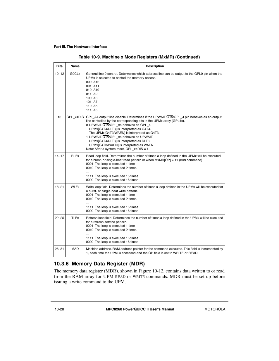 6 memory data register (mdr), Memory data register (mdr) -28, Section 10.3.6 | Motorola MPC8260 User Manual | Page 304 / 1006