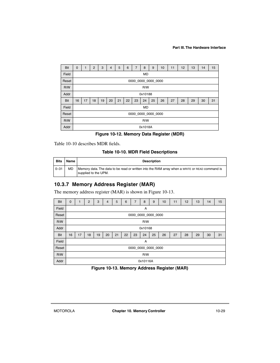 7 memory address register (mar), Memory address register (mar) -29, Memory data register (mdr) -29 | Mdr field descriptions -29, Section 10.3.7, Table 10-10 describes mdr þelds | Motorola MPC8260 User Manual | Page 305 / 1006