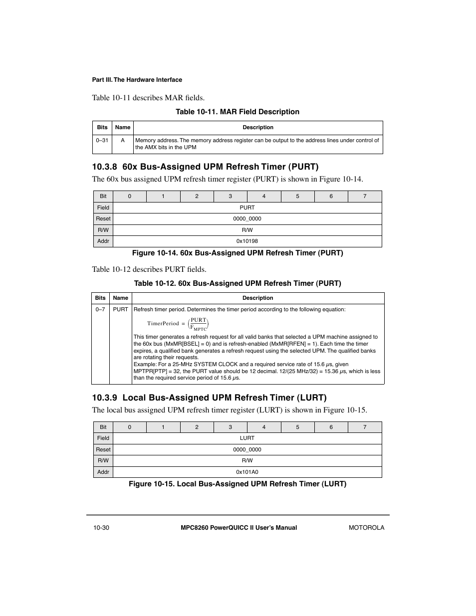 8 60x bus-assigned upm refresh timer (purt), 9 local bus-assigned upm refresh timer (lurt), 60x bus-assigned upm refresh timer (purt) -30 | Local bus-assigned upm refresh timer (lurt) -30, Cp command opcodes -13, Section 10.3.8, Section 10.3.9, Table 10-11 describes mar þelds | Motorola MPC8260 User Manual | Page 306 / 1006