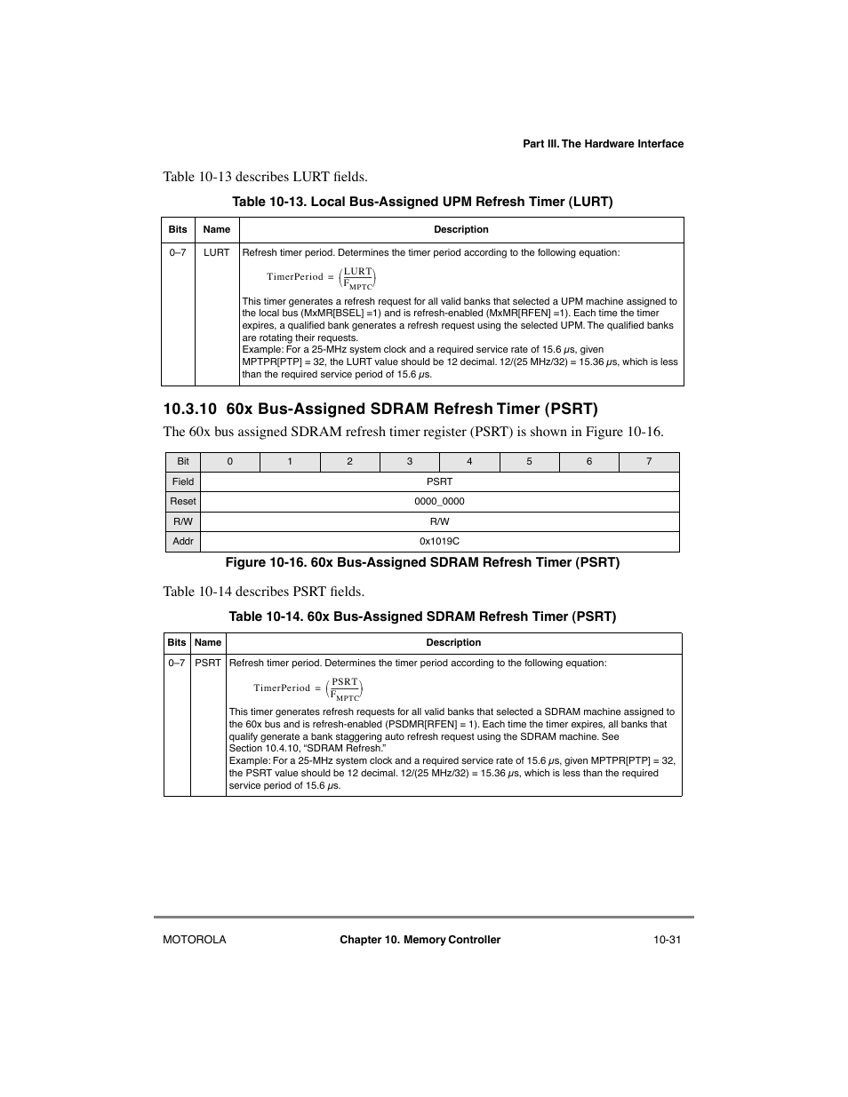 10 60x bus-assigned sdram refresh timer (psrt), 60x bus-assigned sdram refresh timer (psrt) -31, Local bus-assigned upm refresh timer (lurt) -31 | Section 10.3.10, Table 10-13 describes lur t þelds | Motorola MPC8260 User Manual | Page 307 / 1006