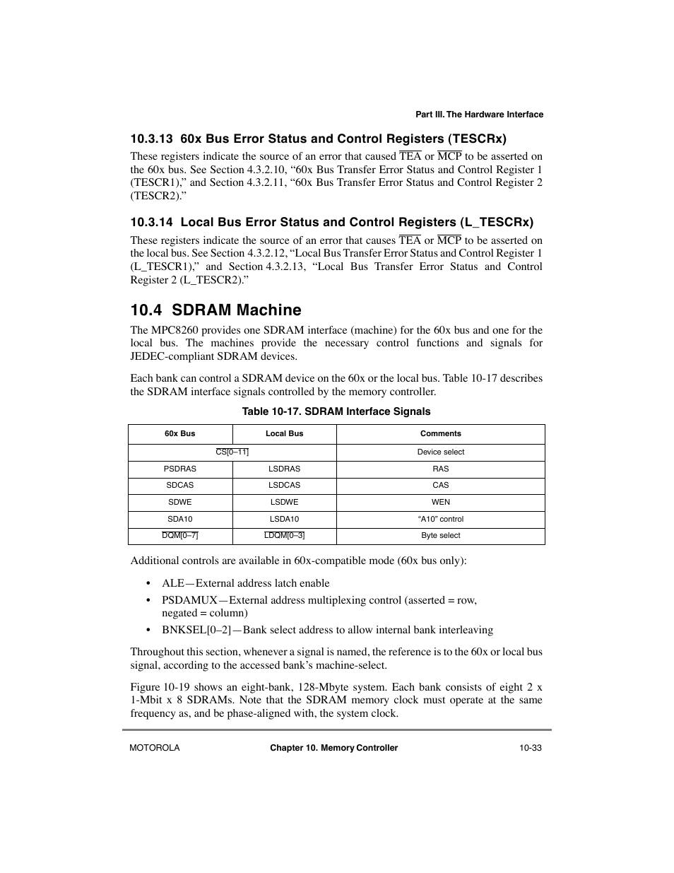4 sdram machine, Sdram interface signals -33, Section 10.3.13 | Section 10.3.14 | Motorola MPC8260 User Manual | Page 309 / 1006