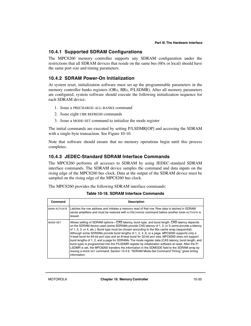 1 supported sdram configurations, 2 sdram power-on initialization, 3 jedec-standard sdram interface commands | Supported sdram configurations -35, Sdram power-on initialization -35, Jedec-standard sdram interface commands -35, Sdram interface commands -35, 1 supported sdram conþgurations | Motorola MPC8260 User Manual | Page 311 / 1006