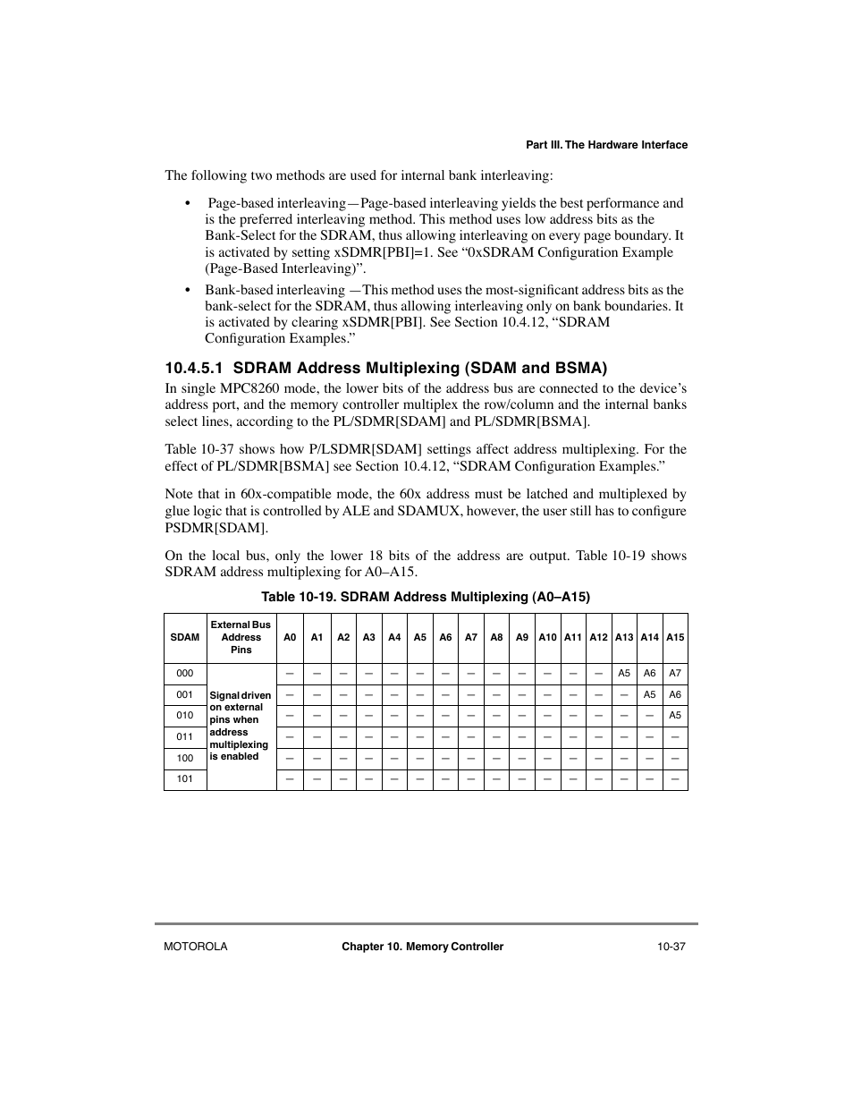 1 sdram address multiplexing (sdam and bsma), Sdram address multiplexing (sdam and bsma) -37, Sdram address multiplexing (a0ða15) -37 | Motorola MPC8260 User Manual | Page 313 / 1006