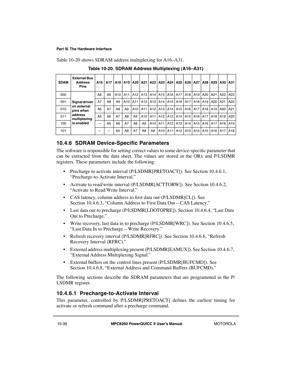 6 sdram device-specific parameters, 1 precharge-to-activate interval, Sdram device-specific parameters -38 | Precharge-to-activate interval -38, Sdram address multiplexing (a16ða31) -38, 6 sdram device-speciþc parameters | Motorola MPC8260 User Manual | Page 314 / 1006