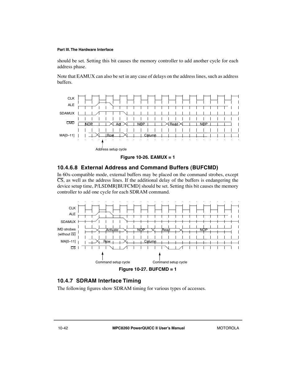8 external address and command buffers (bufcmd), 7 sdram interface timing, External address and command buffers (bufcmd) -42 | Sdram interface timing -42, Eamux = 1 -42, Bufcmd = 1 -42 | Motorola MPC8260 User Manual | Page 318 / 1006