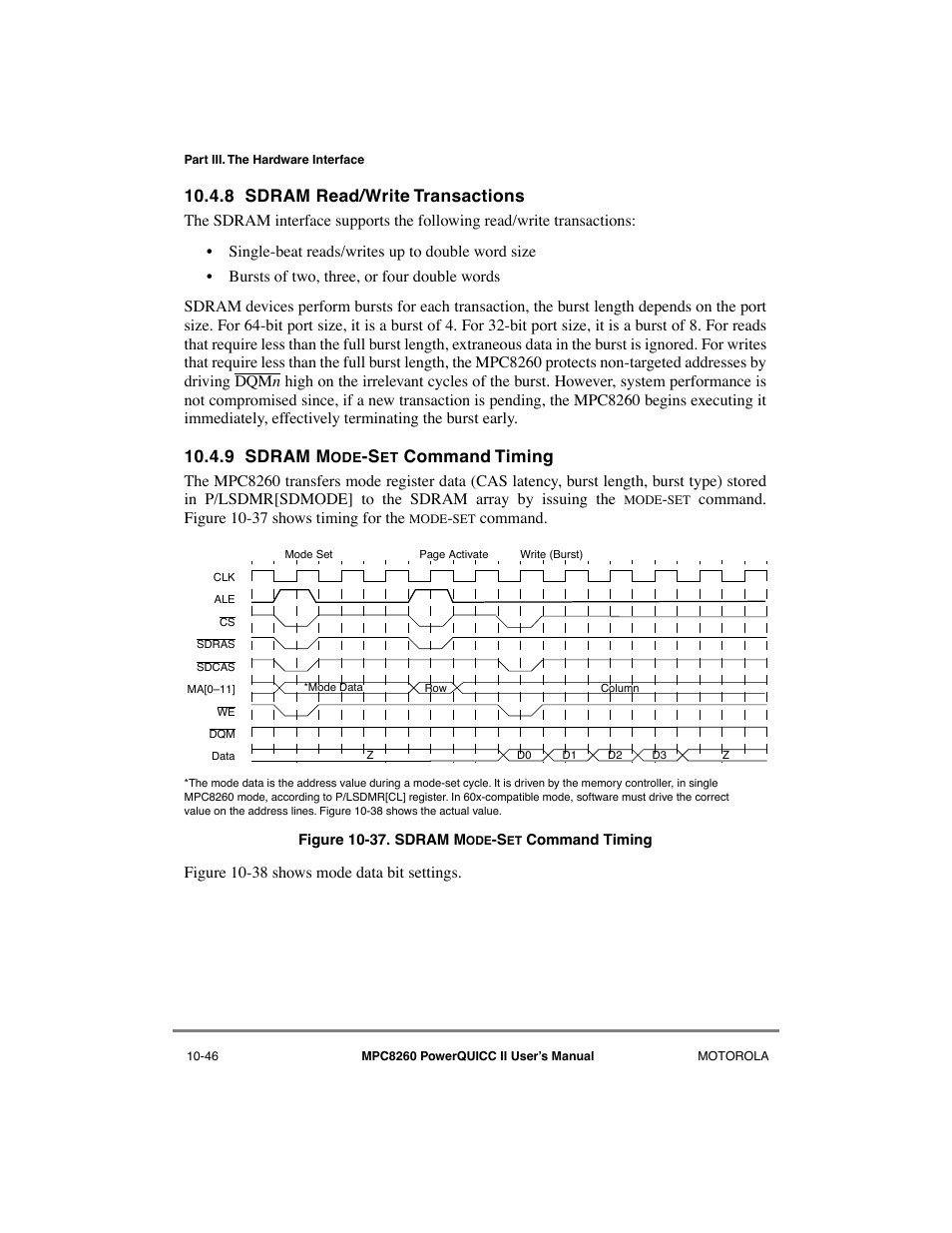 8 sdram read/write transactions, 9 sdram mode-set command timing, Sdram read/write transactions -46 | Sdram mode-set command timing -46, 9 sdram m, Command timing | Motorola MPC8260 User Manual | Page 322 / 1006