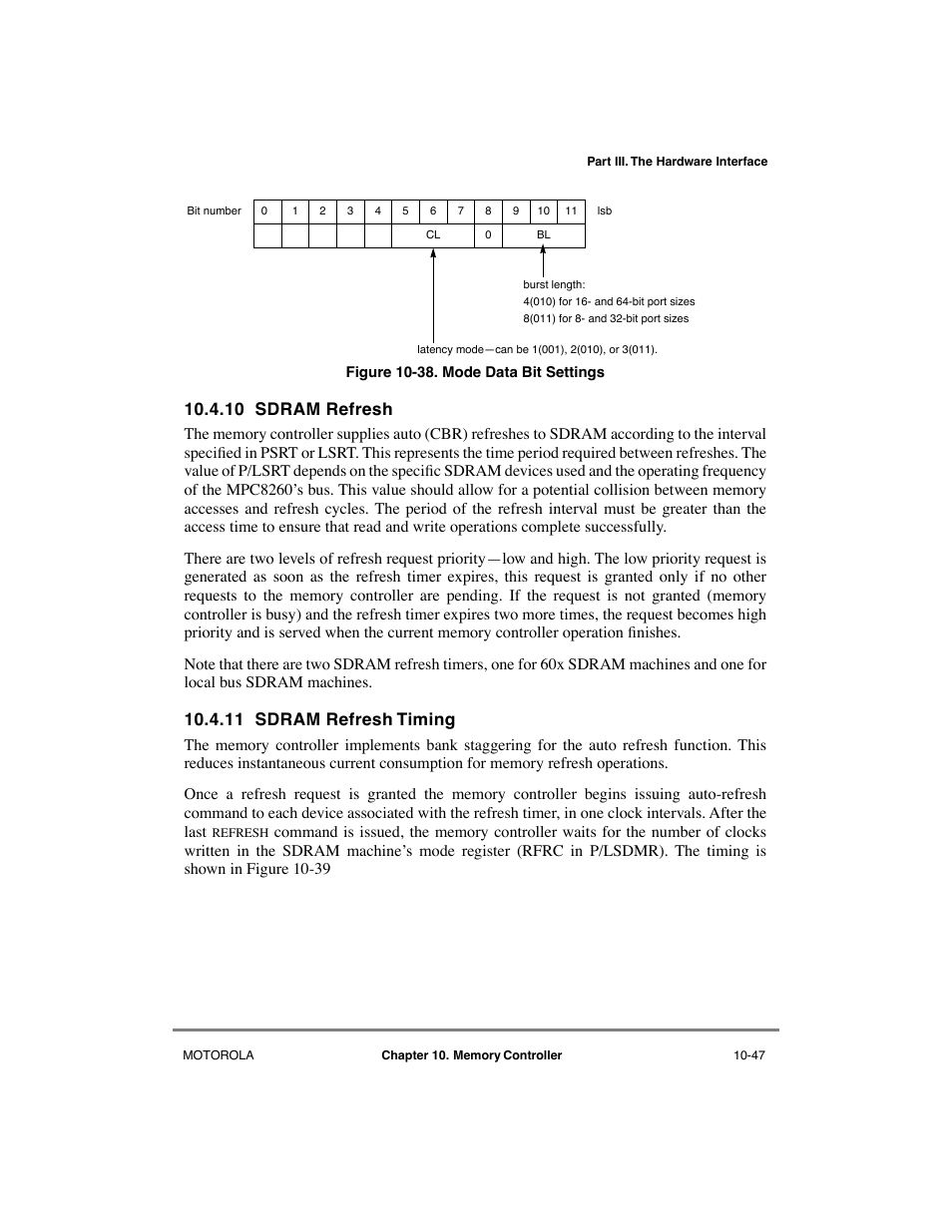 10 sdram refresh, 11 sdram refresh timing, Sdram refresh -47 | Sdram refresh timing -47, Mode data bit settings -47, Section 10.4.10, òsdram refresh | Motorola MPC8260 User Manual | Page 323 / 1006