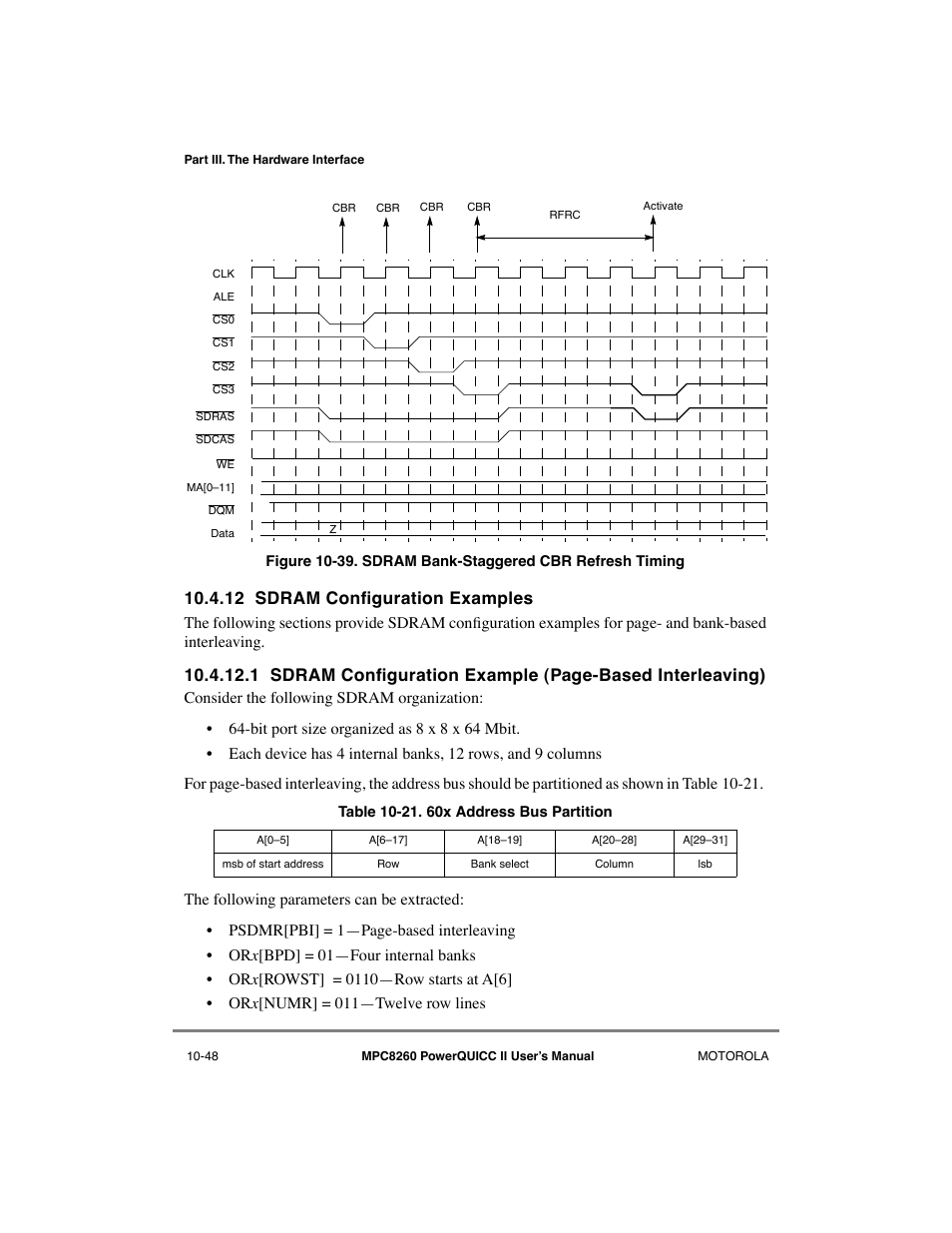 12 sdram configuration examples, Sdram configuration examples -48, Sdram bank-staggered cbr refresh timing -48 | 60x address bus partition -48, 12 sdram conþguration examples | Motorola MPC8260 User Manual | Page 324 / 1006
