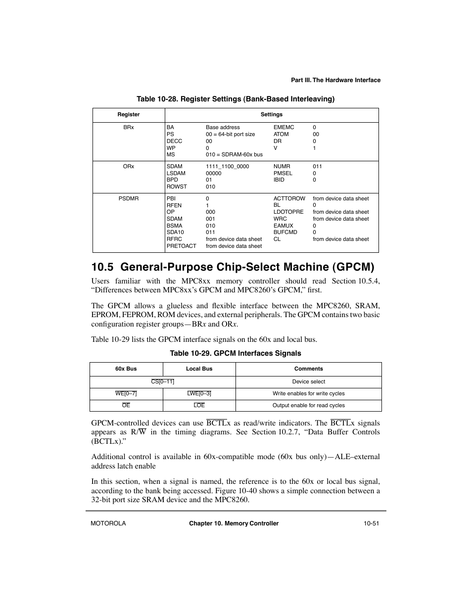 5 general-purpose chip-select machine (gpcm), General-purpose chip-select machine (gpcm) -51, Register settings (bank-based interleaving) -51 | Gpcm interfaces signals -51, Table 10-28 sho | Motorola MPC8260 User Manual | Page 327 / 1006