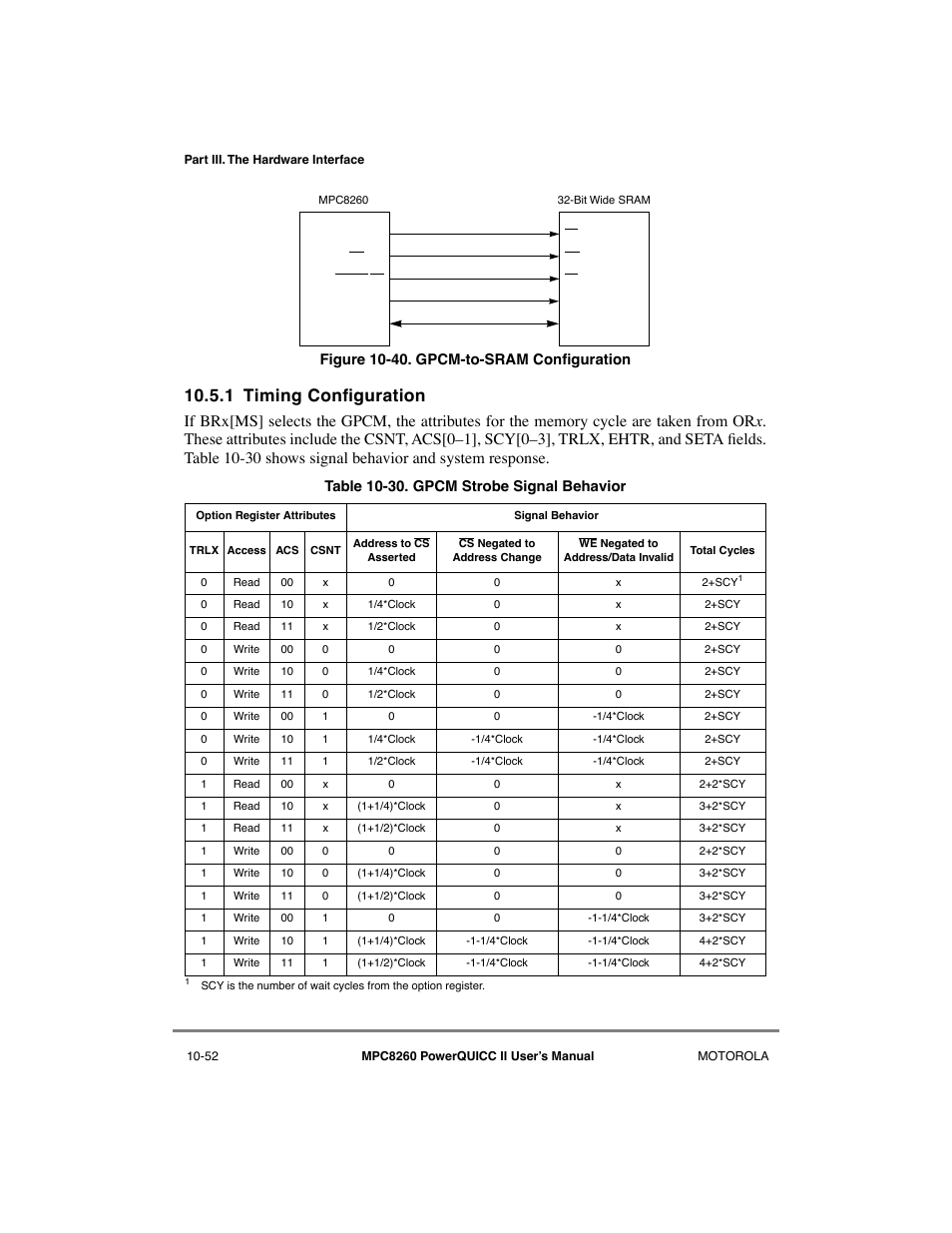 1 timing configuration, Timing configuration -52, Gpcm-to-sram conþguration | Gpcm strobe signal behavior -52, 1 timing conþguration | Motorola MPC8260 User Manual | Page 328 / 1006