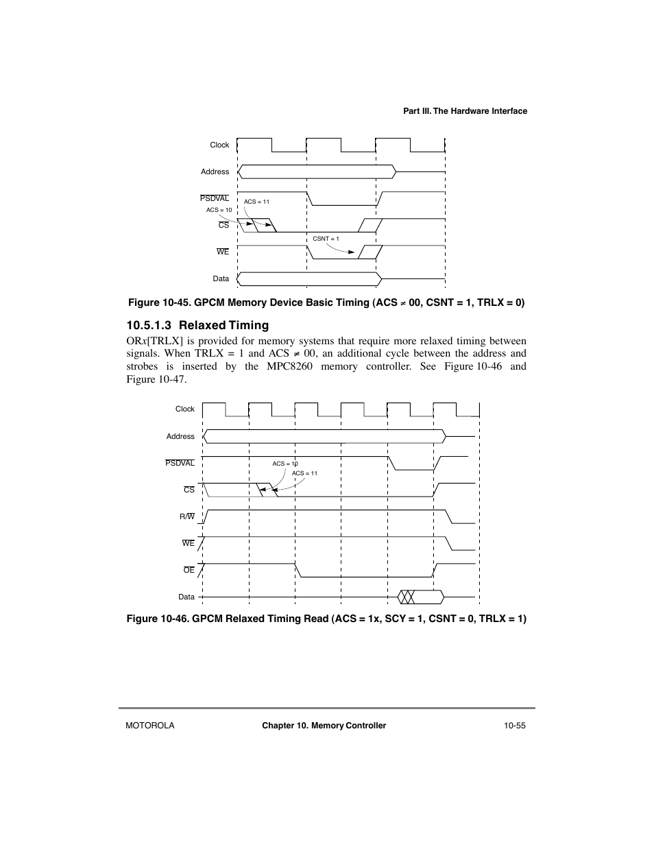 3 relaxed timing, Relaxed timing -55, Gpcm memory device basic timing (acs | 00, csnt = 1, trlx = 0) -55, As figure 10-45 sho, Wn in figure 10-45 | Motorola MPC8260 User Manual | Page 331 / 1006