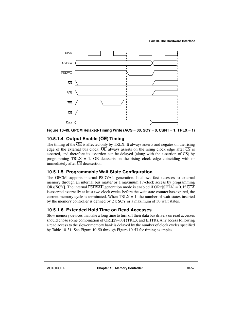 4 output enable (oe) timing, 5 programmable wait state configuration, 6 extended hold time on read accesses | Output enable (oe) timing -57, Programmable wait state configuration -57, Extended hold time on read accesses -57, 5 programmable wait state conþguration | Motorola MPC8260 User Manual | Page 333 / 1006