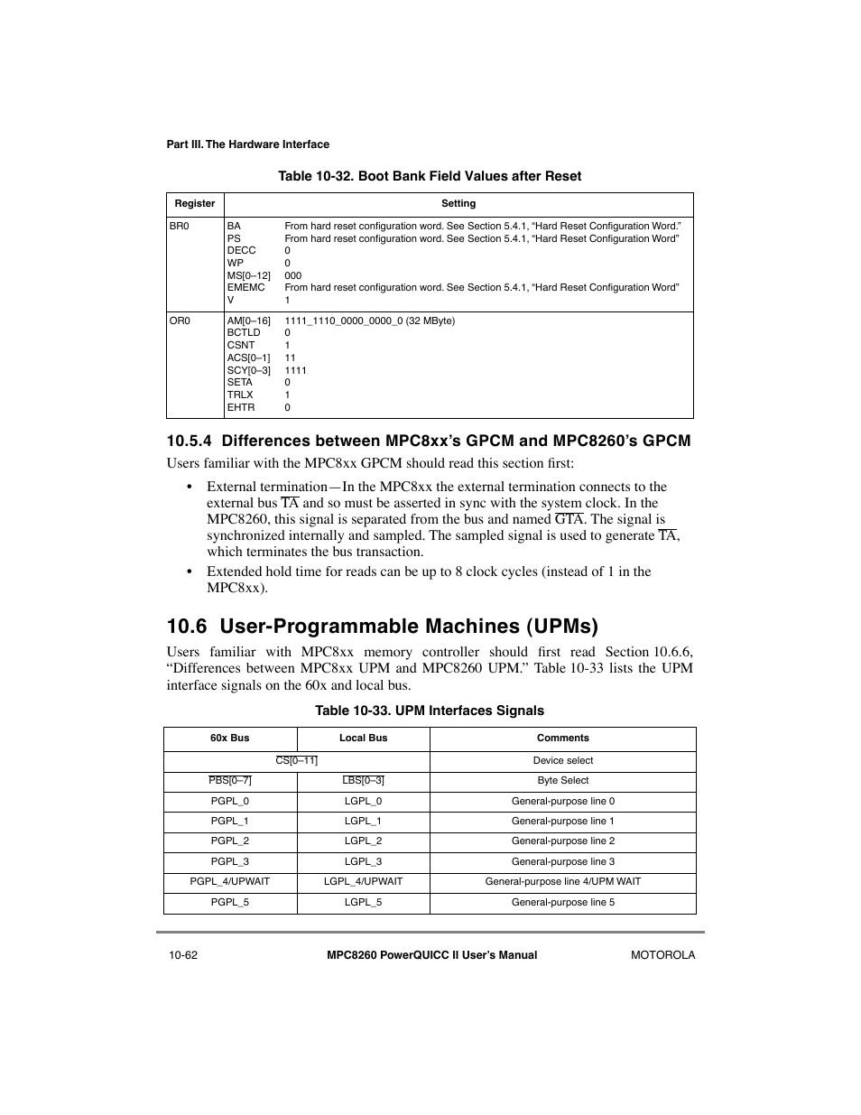 6 user-programmable machines (upms), User-programmable machines (upms) -62, Boot bank field values after reset -62 | Upm interfaces signals -62 | Motorola MPC8260 User Manual | Page 338 / 1006