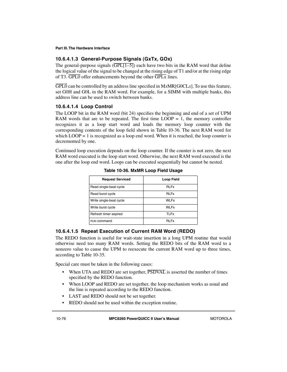 3 general-purpose signals (gxtx, gox), 4 loop control, 5 repeat execution of current ram word (redo) | General-purpose signals (gxtx, gox) -76, Loop control -76, Repeat execution of current ram word (redo) -76, Mxmr loop field usage -76, See section 10.6.4.1.4, òloop control | Motorola MPC8260 User Manual | Page 352 / 1006