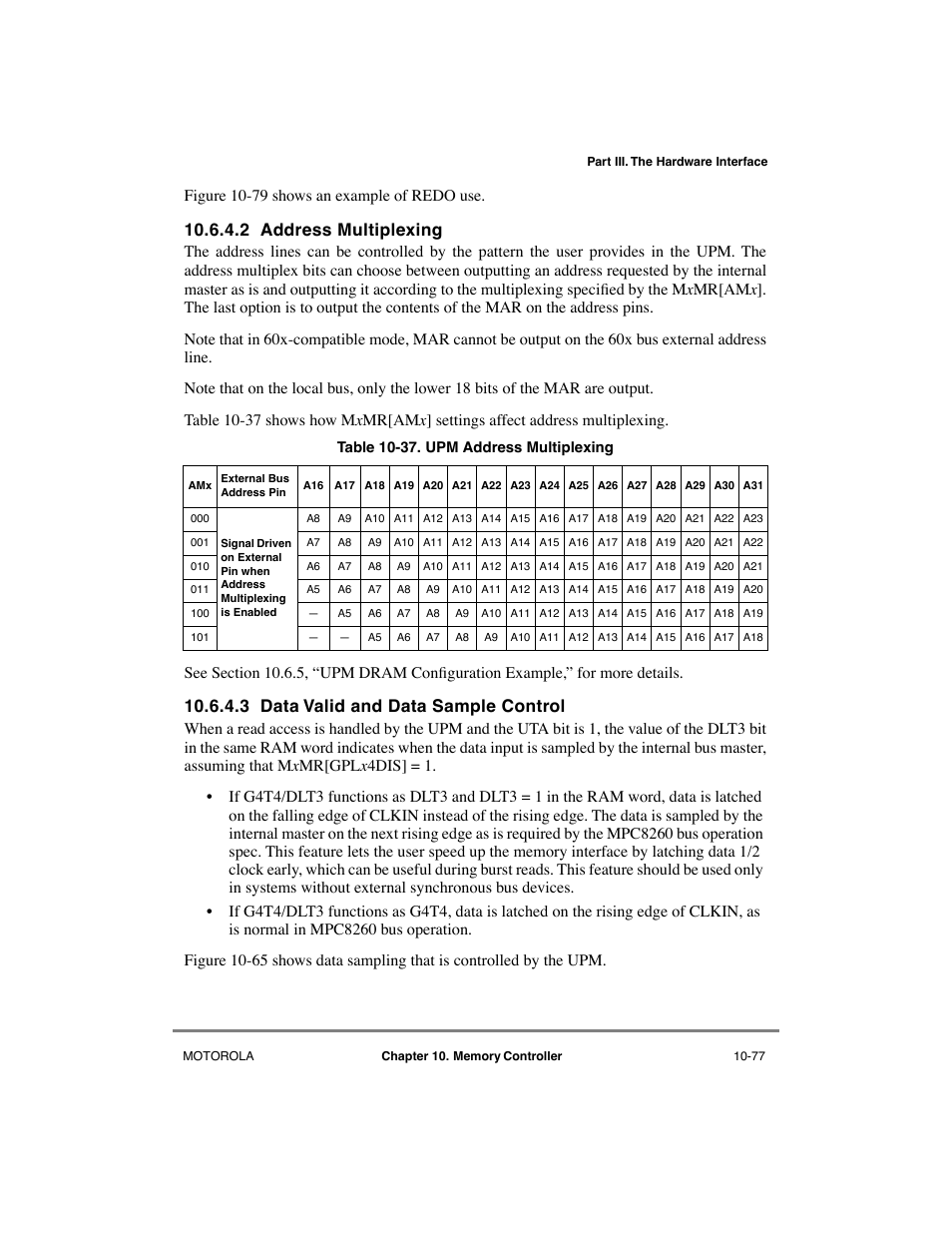 2 address multiplexing, 3 data valid and data sample control, Address multiplexing -77 | Data valid and data sample control -77, Upm address multiplexing -77, See section 10.6.4.2, òaddress multiplexing, Table 10-37 sho, Figure 10-79 sho ws an example of redo use | Motorola MPC8260 User Manual | Page 353 / 1006