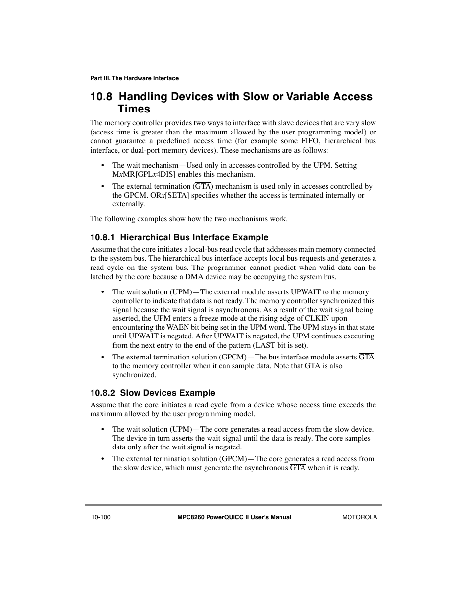 1 hierarchical bus interface example, 2 slow devices example, Hierarchical bus interface example -100 | Slow devices example -100 | Motorola MPC8260 User Manual | Page 376 / 1006