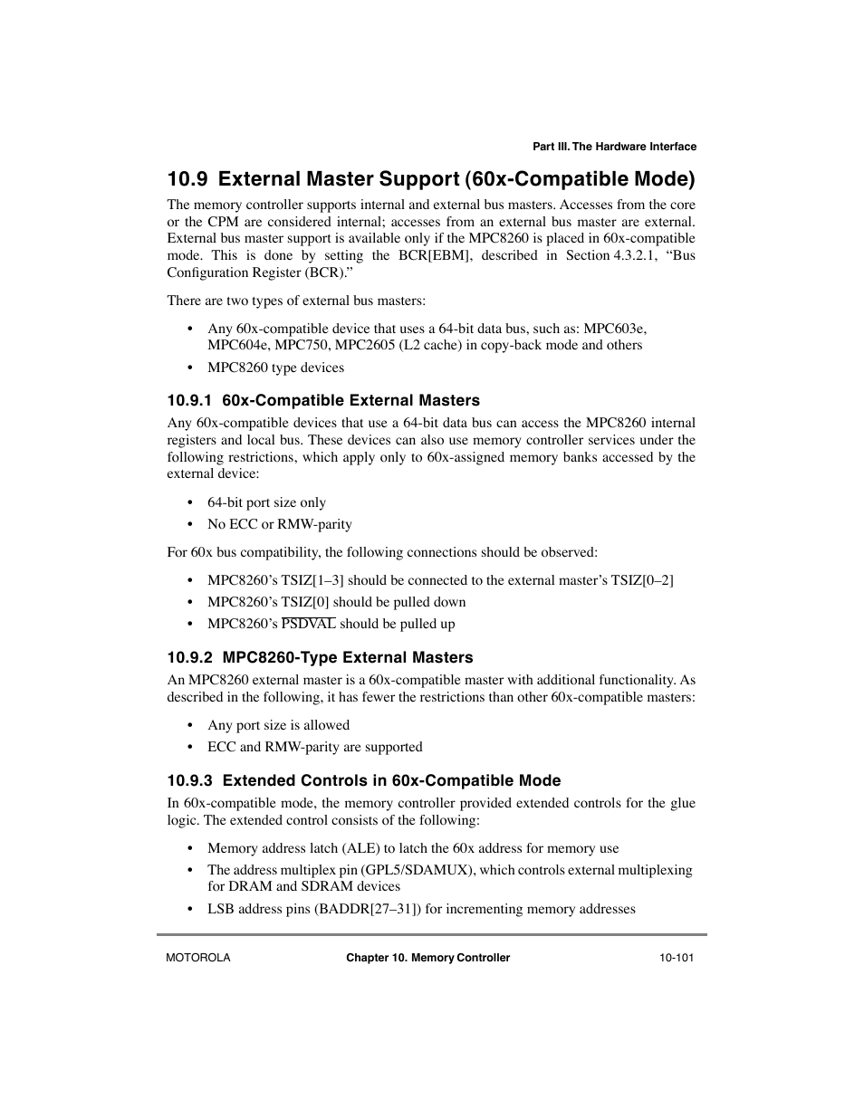 9 external master support (60x-compatible mode), 1 60x-compatible external masters, 2 mpc8260-type external masters | 3 extended controls in 60x-compatible mode, External master support (60x-compatible mode) -101, 60x-compatible external masters -101, Mpc8260-type external masters -101, Extended controls in 60x-compatible mode -101, See òsection | Motorola MPC8260 User Manual | Page 377 / 1006