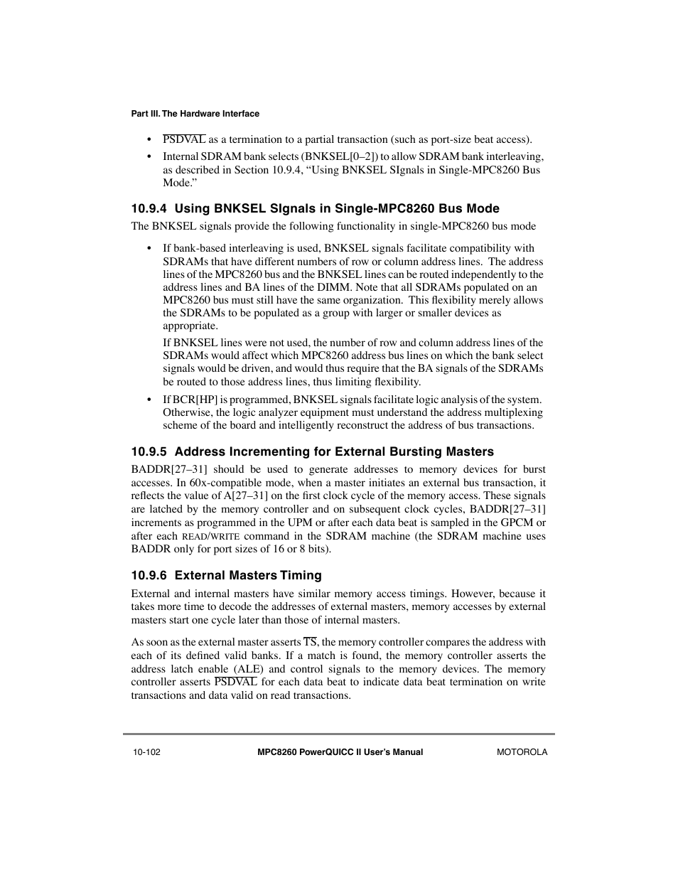 4 using bnksel signals in single-mpc8260 bus mode, 6 external masters timing, External masters timing -102 | Motorola MPC8260 User Manual | Page 378 / 1006