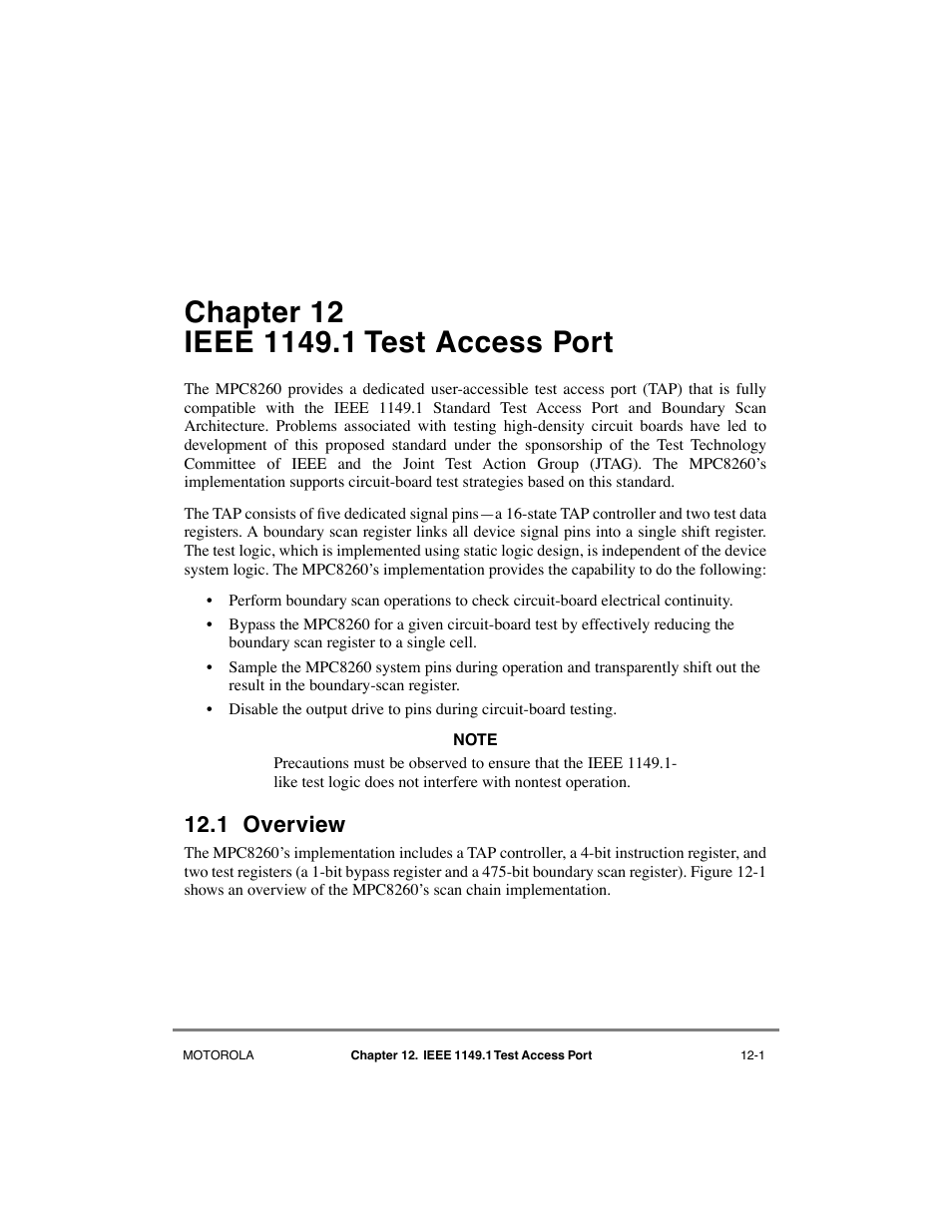 Chapter12 ieee 1149.1 test access port, 1 overview, Chapter 12 | Ieee 1149.1 test access port, Overview -1, Chapter 12, òieee 1149.1 test access port, Section 12.1, òoverview | Motorola MPC8260 User Manual | Page 393 / 1006